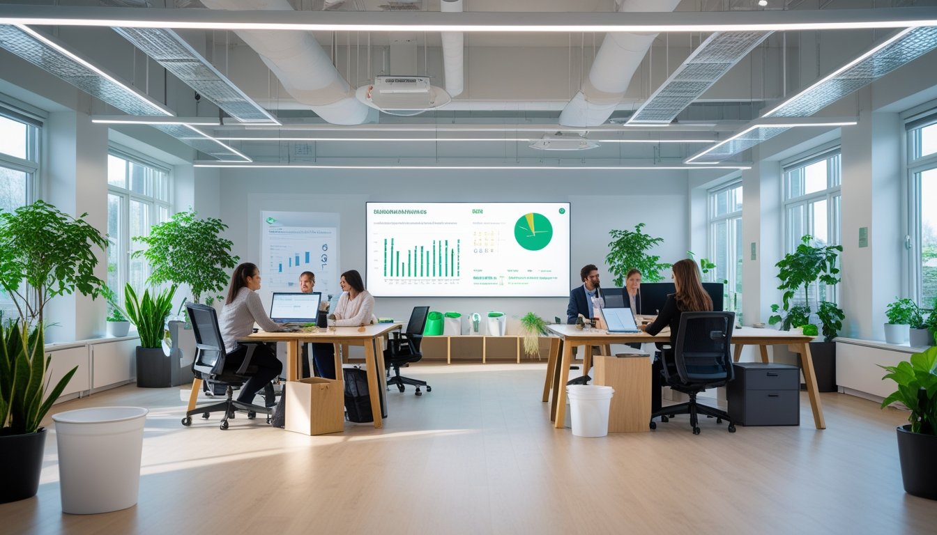A modern UK office with employees working at desks, natural light coming through large windows, green plants around, and recycling bins visible.