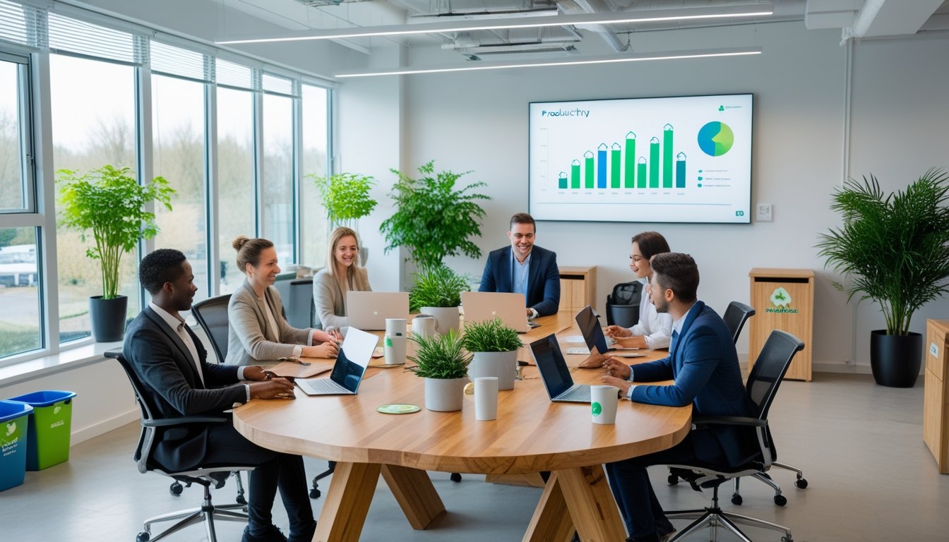 A group of professionals working together in a bright office with plants, natural light, and recycling bins visible.