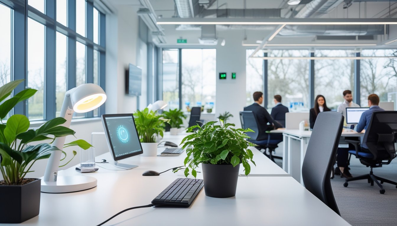 A modern UK office with large windows, energy-efficient lighting, green plants, and employees working at desks.