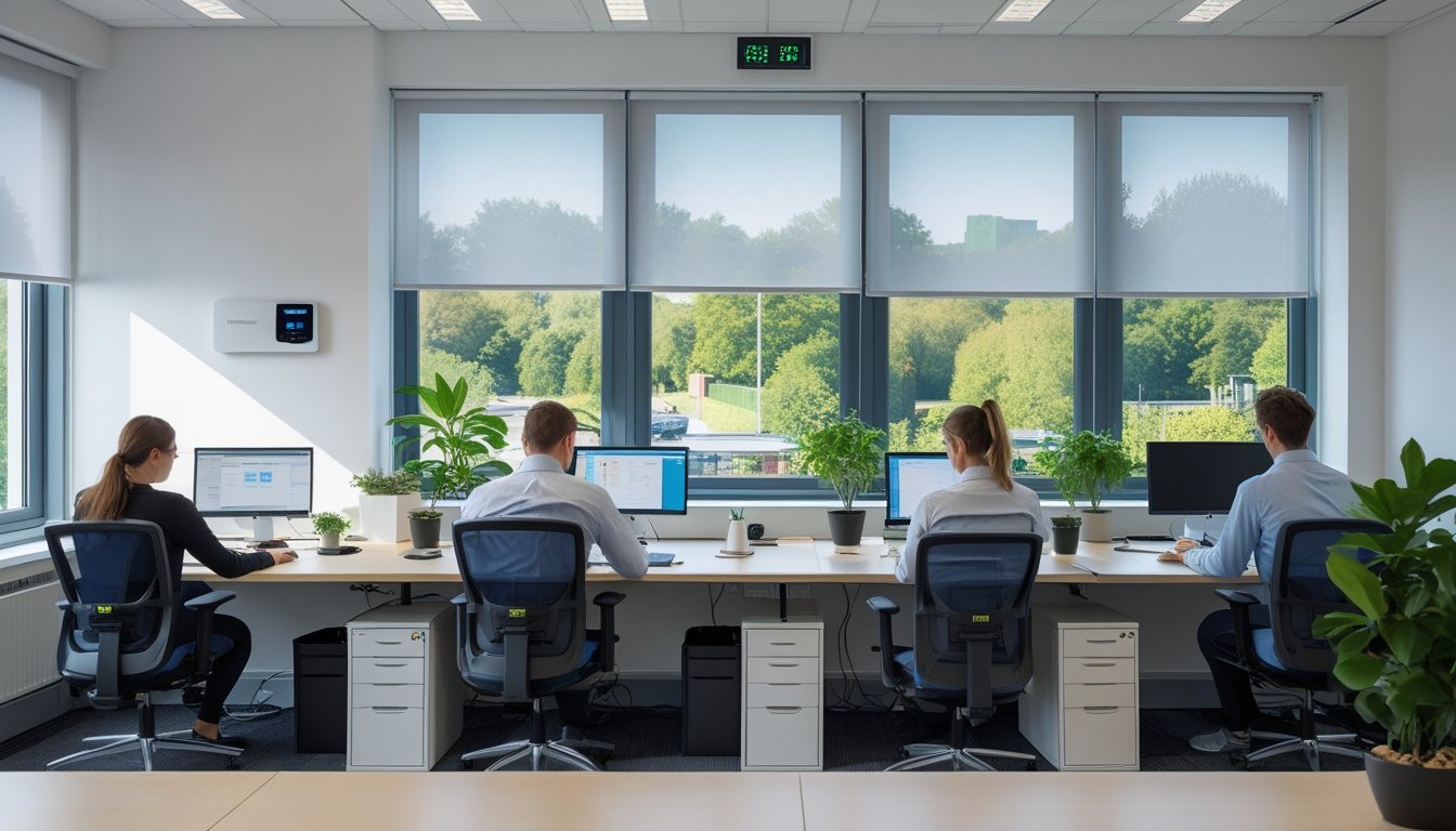 A modern office workspace in the UK with natural light, employees working at desks, energy-efficient equipment, and plants visible.