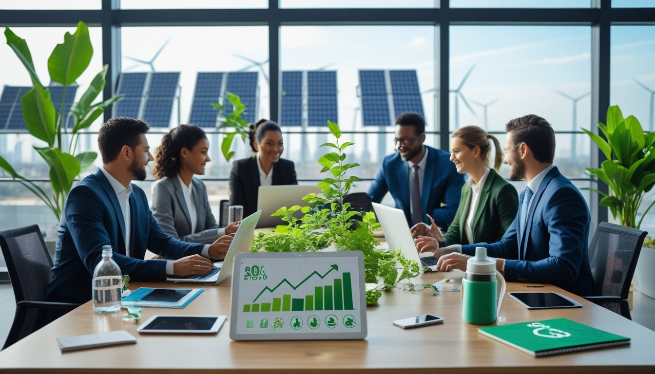 Business professionals collaborating around a table with laptops and charts, surrounded by plants in a bright office overlooking a city with solar panels and wind turbines.