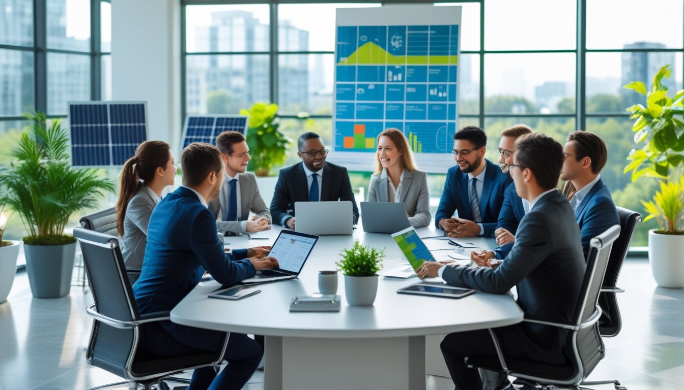 A group of business professionals having a meeting in a bright office with plants and eco-friendly items on the table.