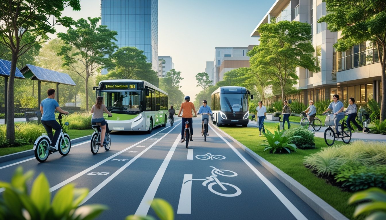 People using electric bikes, scooters, and an electric bus on a green city street lined with trees and solar-panelled buildings.