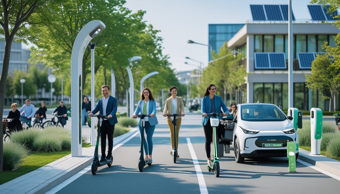 People using electric scooters, bicycles, and electric cars on a clean city street with green spaces and solar panels.