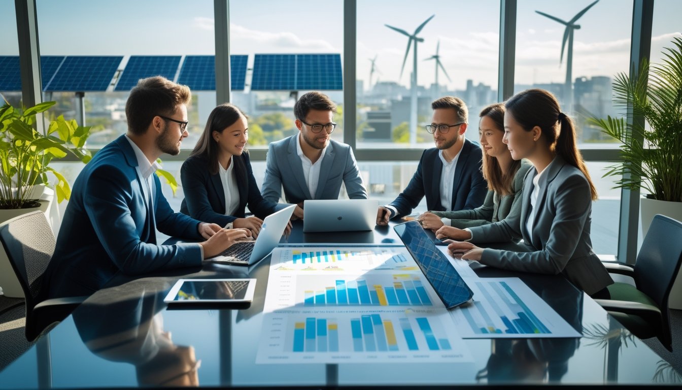 A group of professionals working together in an office with charts and digital devices, with a city view showing solar panels and wind turbines outside.