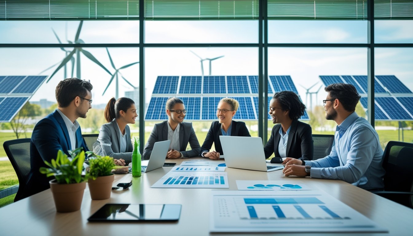 A group of professionals having a meeting in an office with plants and a view of a green city with solar panels and wind turbines.