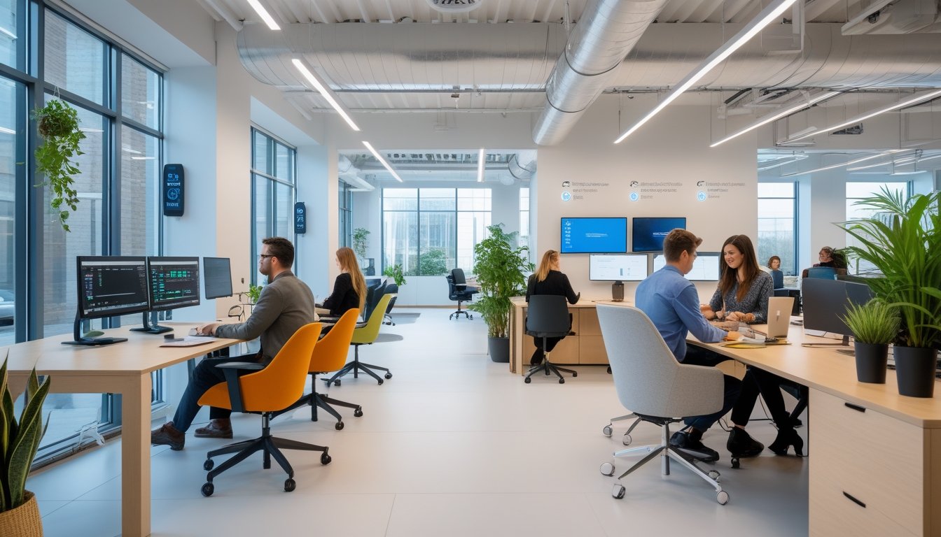 Modern office interior with natural light, ergonomic furniture, indoor plants, and people working with advanced technology.