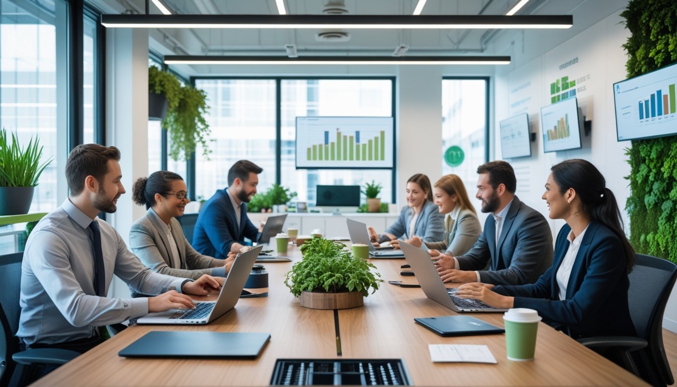 A group of professionals working together in a bright office with plants and natural light, using laptops and digital devices around a wooden table.