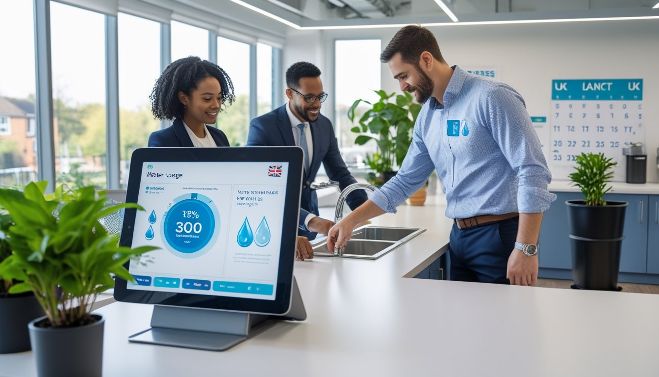 Office workers in a modern UK office using water-saving devices and digital tools to monitor and reduce water usage.