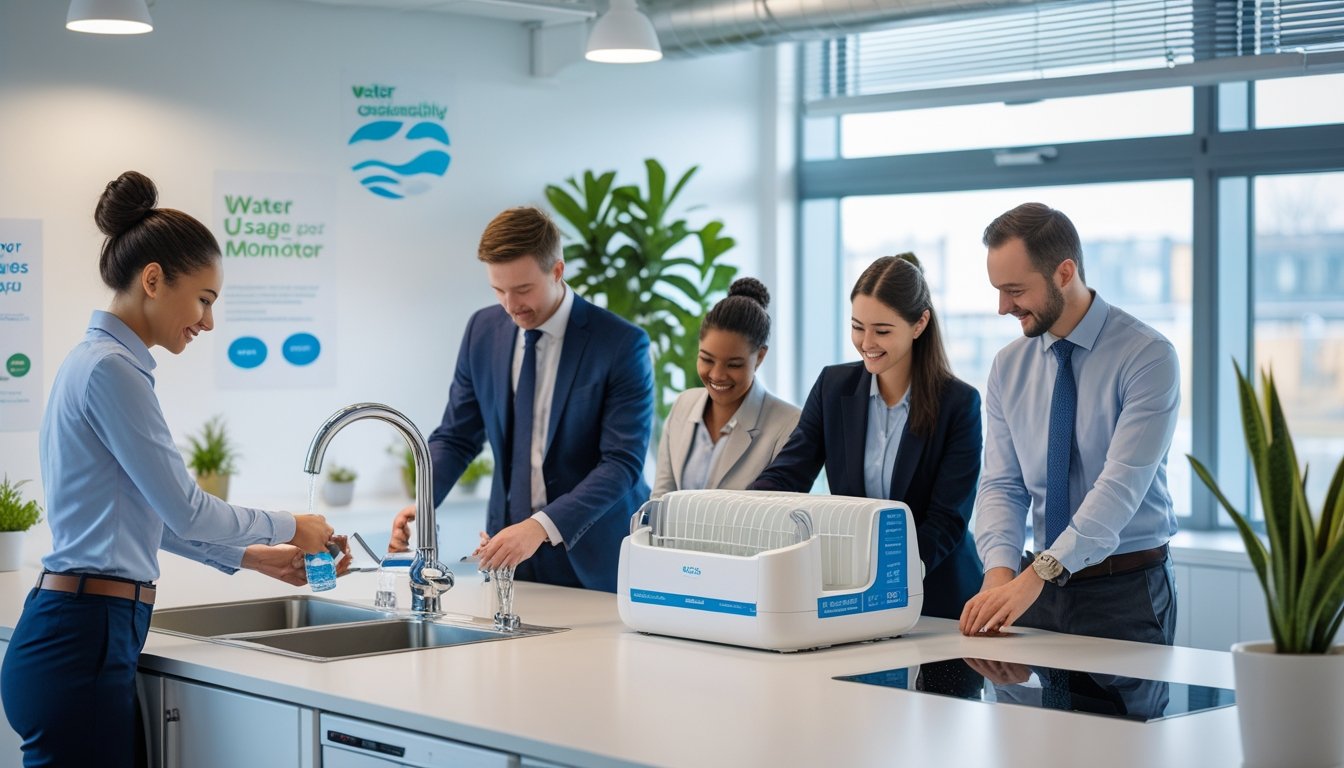 Office workers in a modern UK office using water-saving devices and turning off taps to reduce water usage.