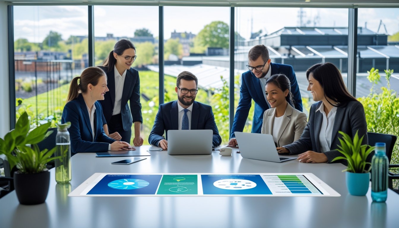 Office workers collaborating around a table with laptops and tablets, discussing water conservation in a modern office with large windows showing a cityscape and greenery.