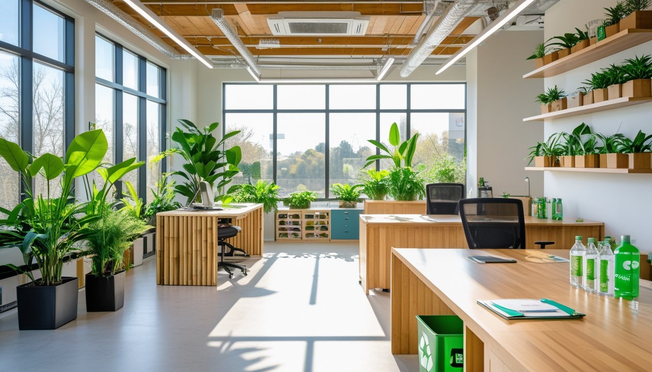A modern office with large windows, green plants, bamboo desks, LED lights, and a recycling station.