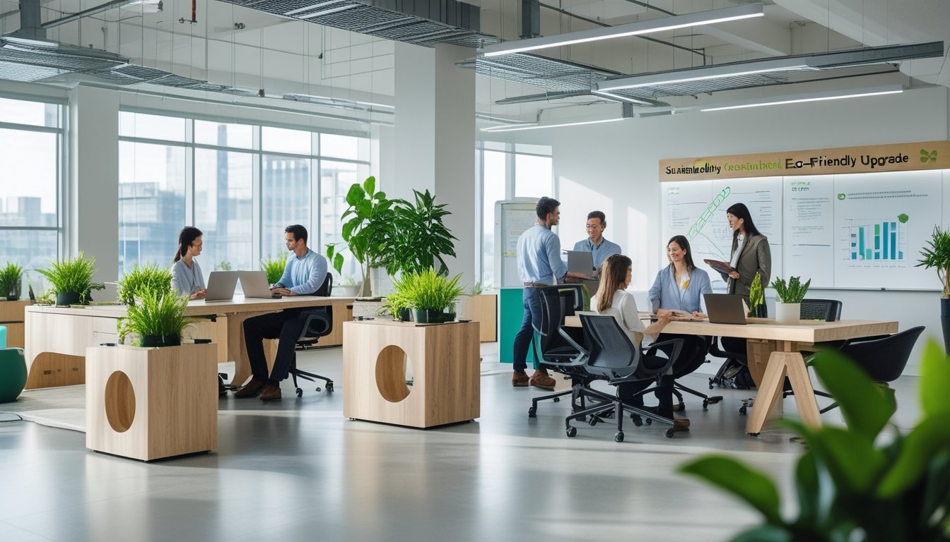 A bright modern office with large windows, green plants, wooden desks, and people working together.