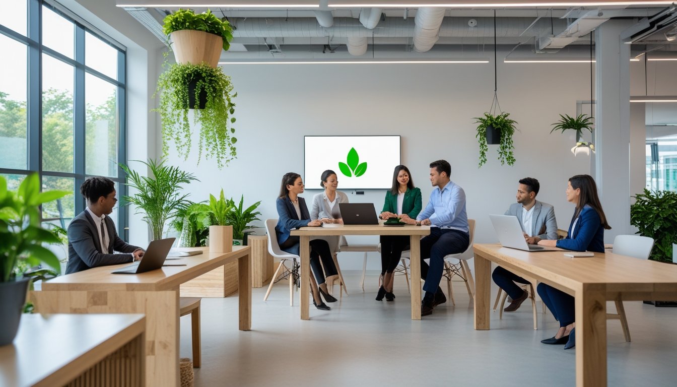A group of people working together in a bright office with plants and eco-friendly furniture.