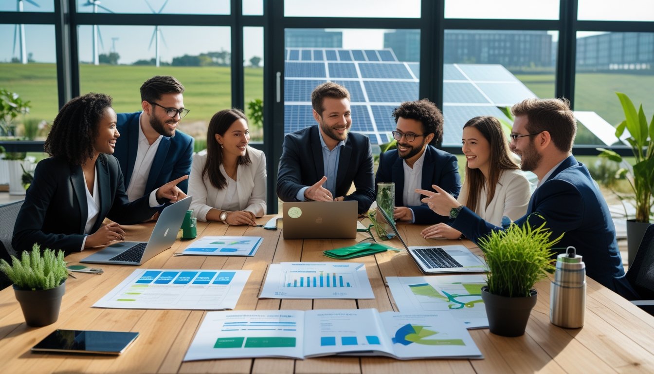 A group of professionals working together around a table with eco-friendly materials and plants in a bright office overlooking a green cityscape.
