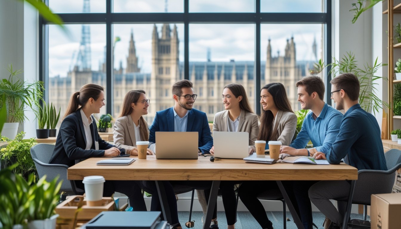A group of people working together at a table in a bright office with plants and eco-friendly items.