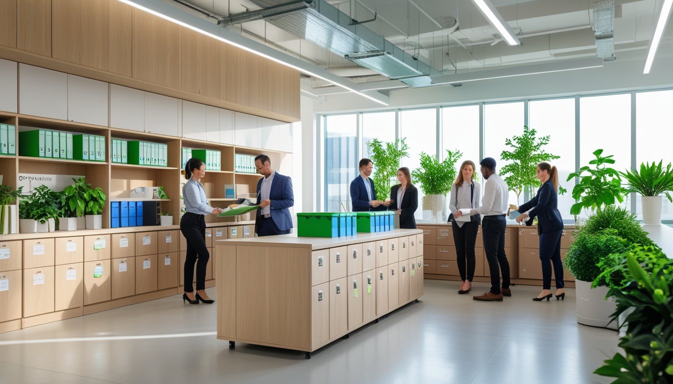 A modern office with eco-friendly wooden storage units, green plants, and professionals organising files in a bright, natural light setting.