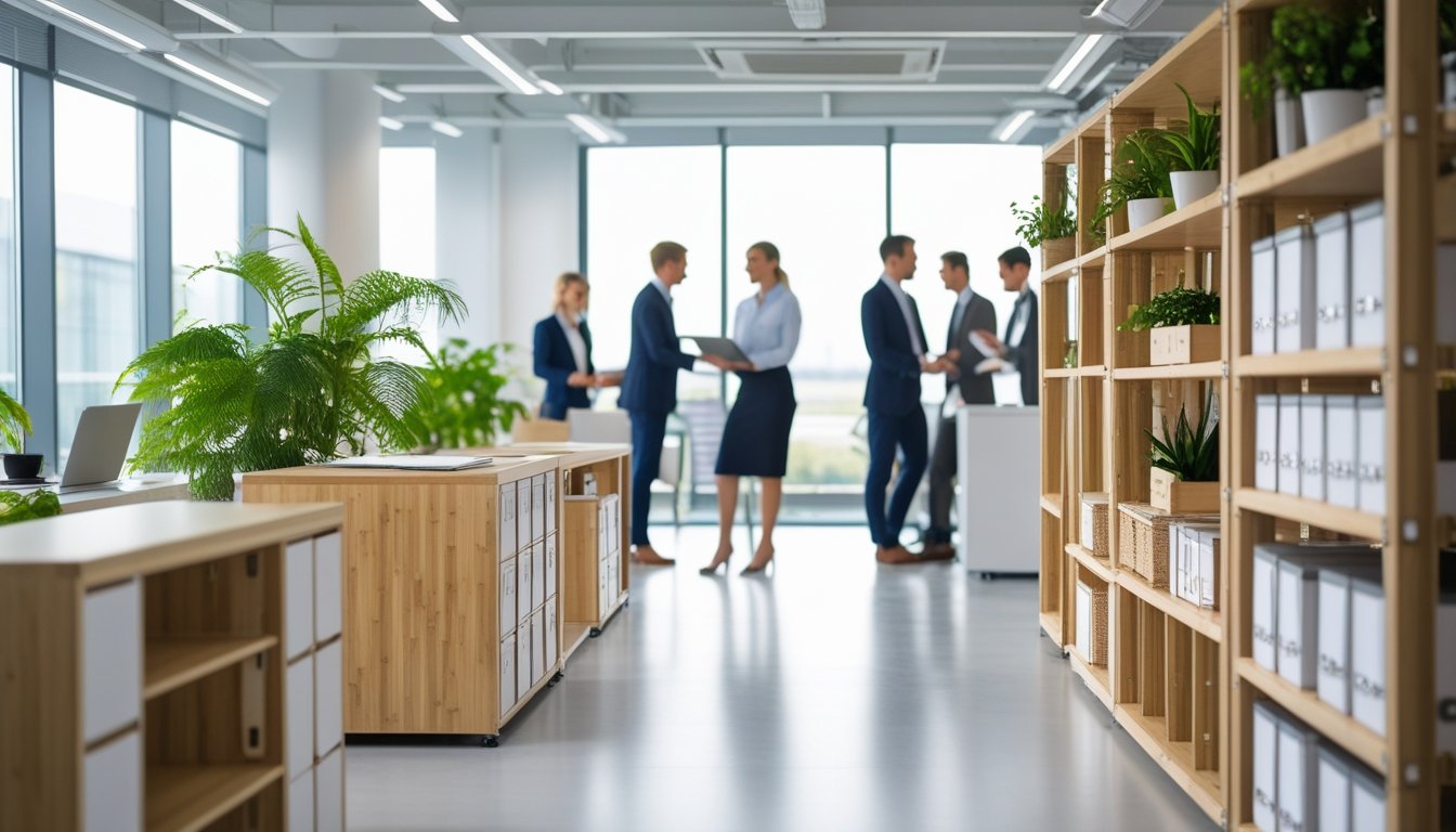 A modern UK office with eco-friendly storage furniture, green plants, and professionals working together.
