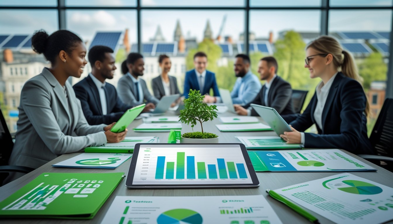 Business professionals collaborating around a table with eco-friendly materials in a bright office overlooking a cityscape with green rooftops and solar panels.