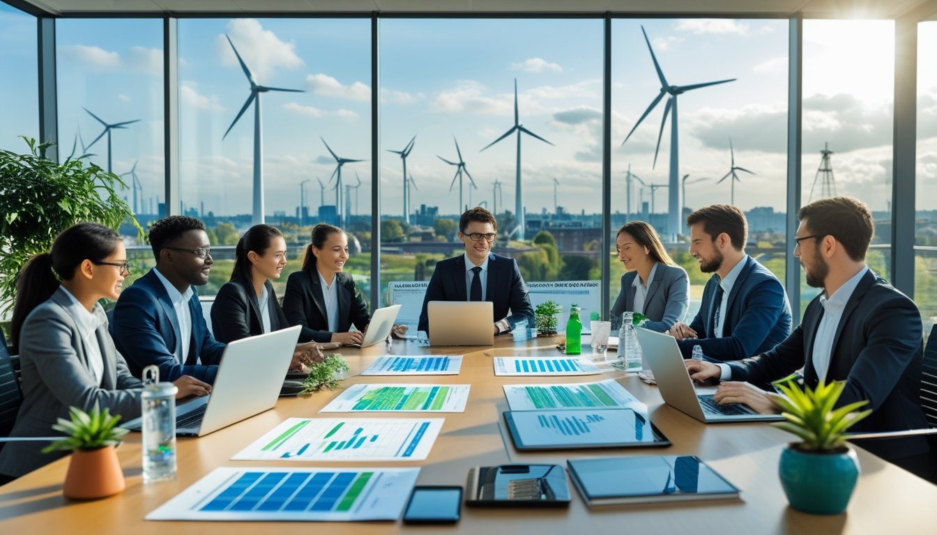 A group of business professionals in a meeting room discussing sustainable business plans with laptops and eco-friendly items on the table, city skyline with wind turbines visible through the windows.