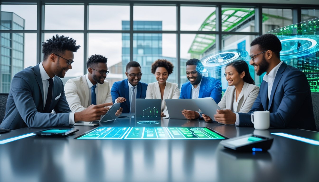A group of diverse professionals collaborating around a table with digital devices, overlooking a city with sustainable buildings.