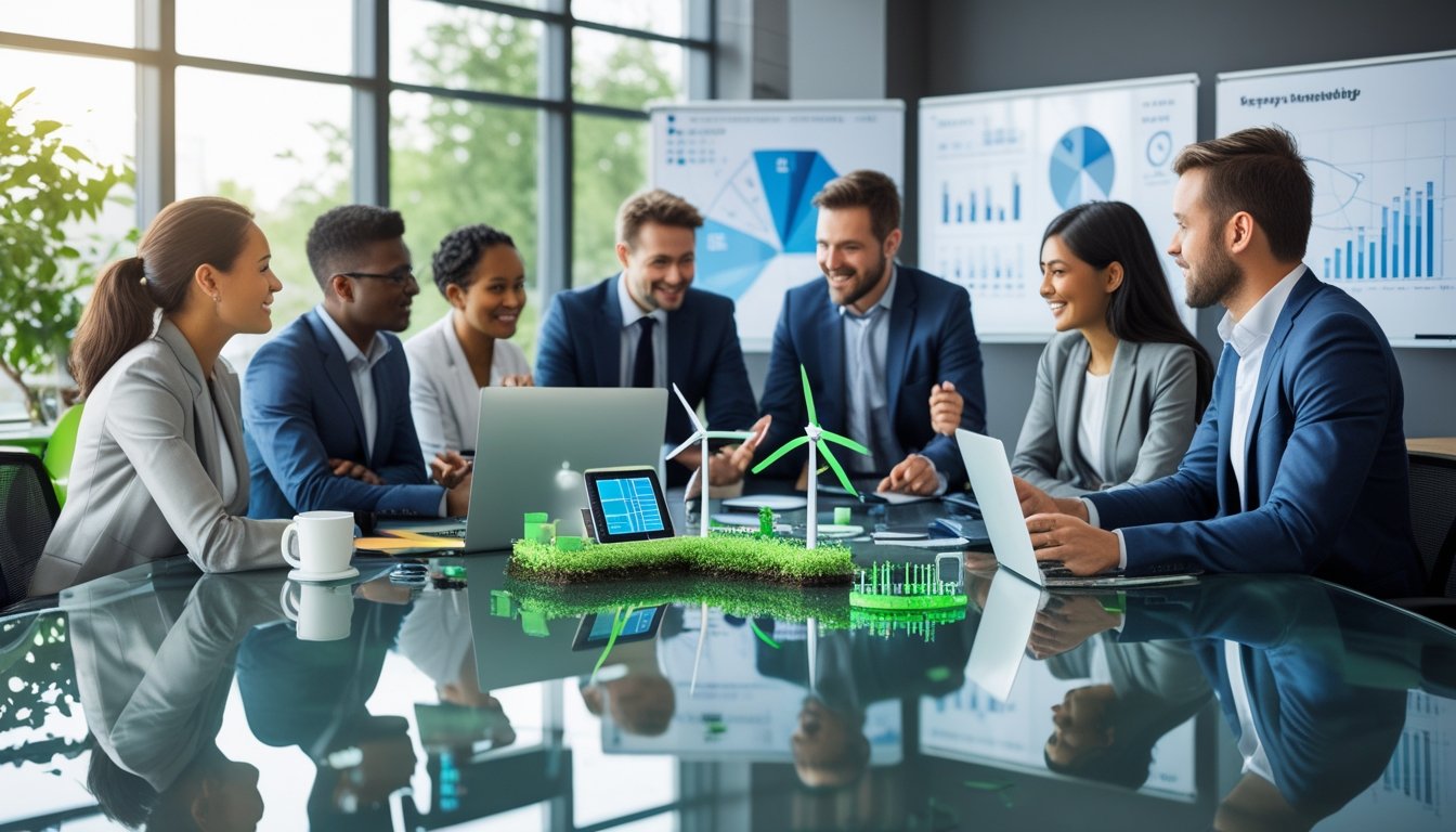 A group of business professionals collaborating around a table with eco-friendly technology models in a bright office with large windows and greenery outside.