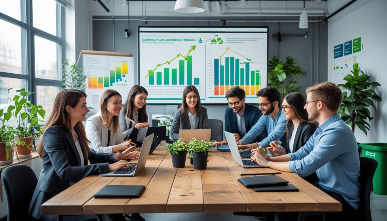 A group of young professionals working together around a table in a bright office with plants and reusable cups, focusing on sustainable business practices.