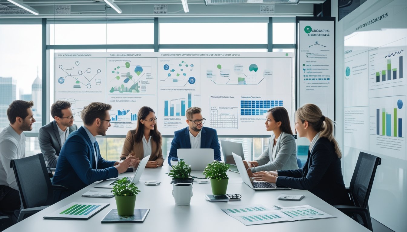 Business professionals collaborating in a modern office with eco-friendly items and charts about sustainable UK startups, with a city view in the background.