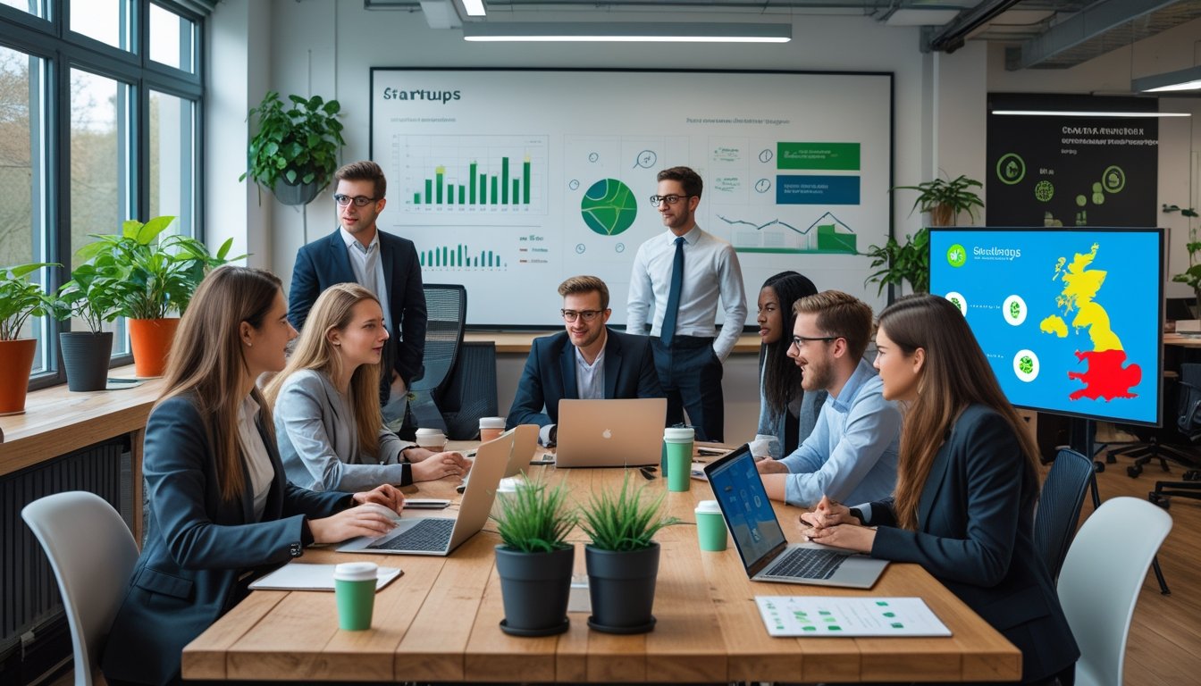 A group of young professionals working together around a table in a bright office with plants and a screen showing a map of the UK.