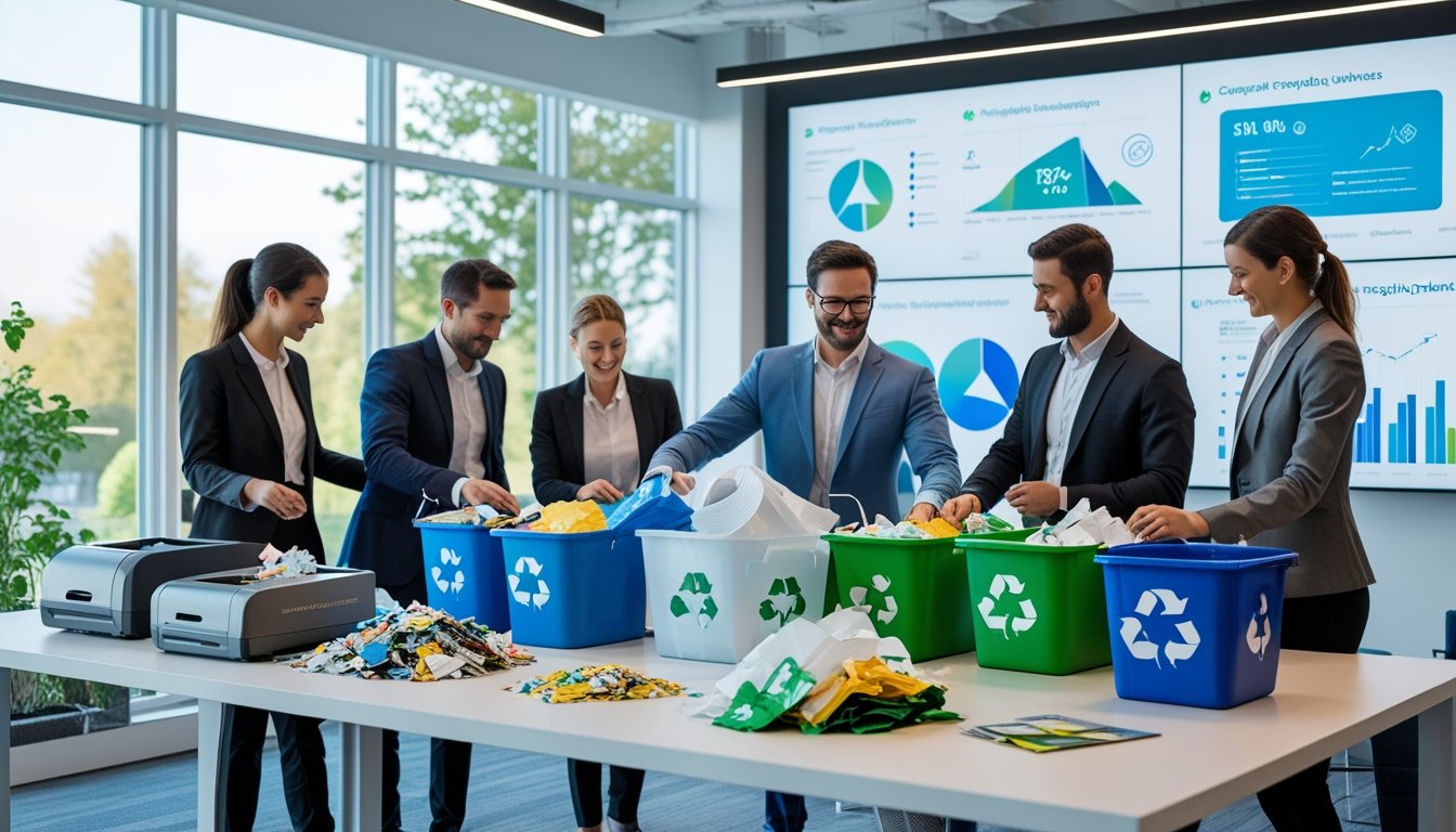 Business professionals sorting recyclable materials in an office with recycling bins and digital screens showing sustainability data.