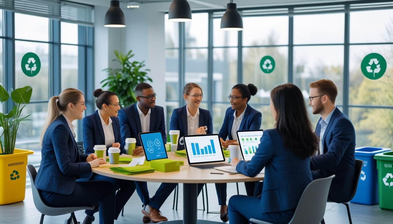 A group of business professionals discussing sustainable recycling practices around a table in a bright office with recycling bins and plants.