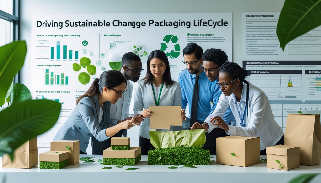A group of professionals examining eco-friendly packaging materials and prototypes in a modern workspace with natural elements and charts in the background.