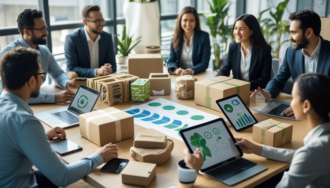 A group of people collaborating around a table with sustainable packaging materials and digital devices in a bright office.