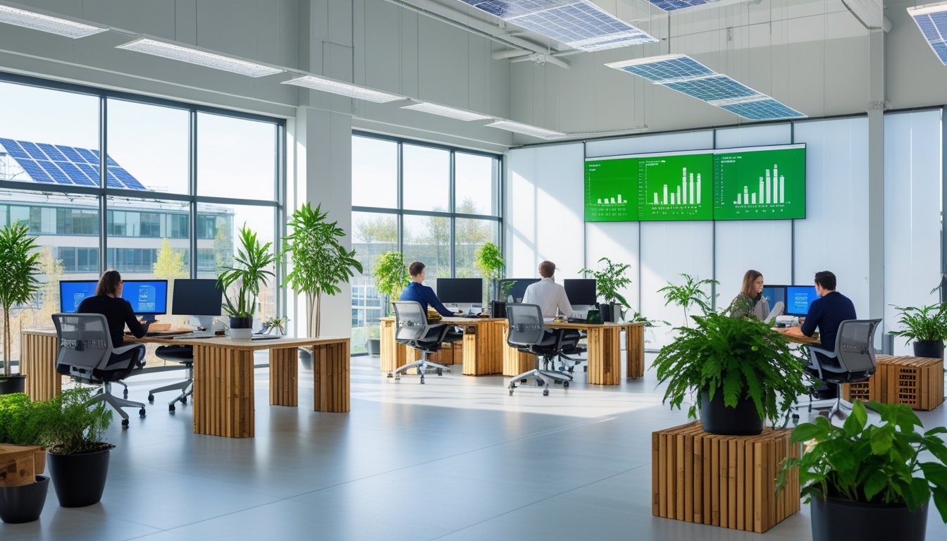 A modern UK office with natural light, plants, solar panels on the roof, and people working with energy-efficient technology.