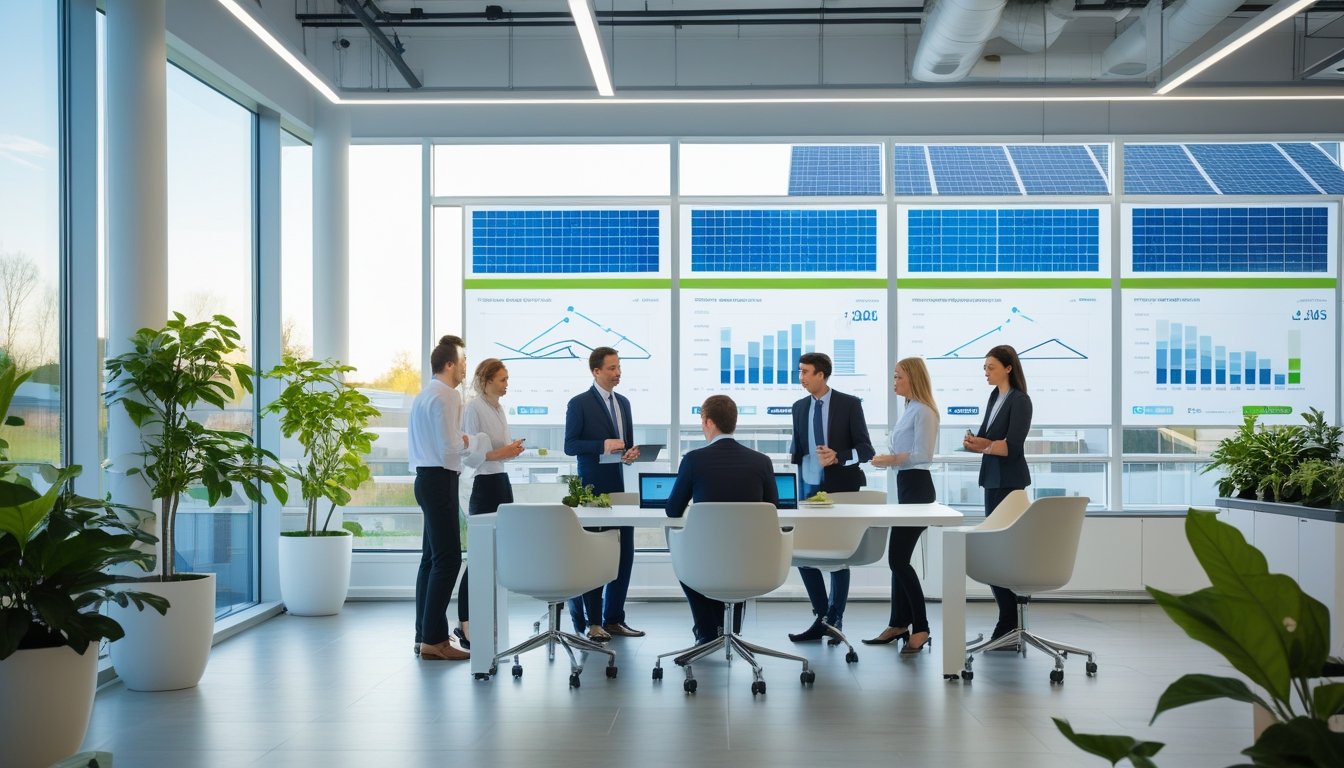 A bright modern office with natural light, eco-friendly furniture, smart devices, and professionals working together surrounded by plants.