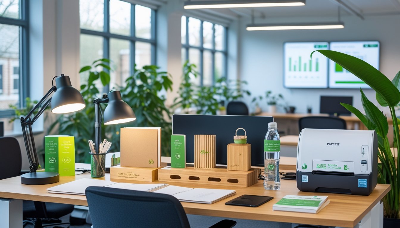 A modern office with eco-friendly equipment including LED lamps, recycled notebooks, bamboo organizers, reusable bottles, a printer, plants, and recycling bin.