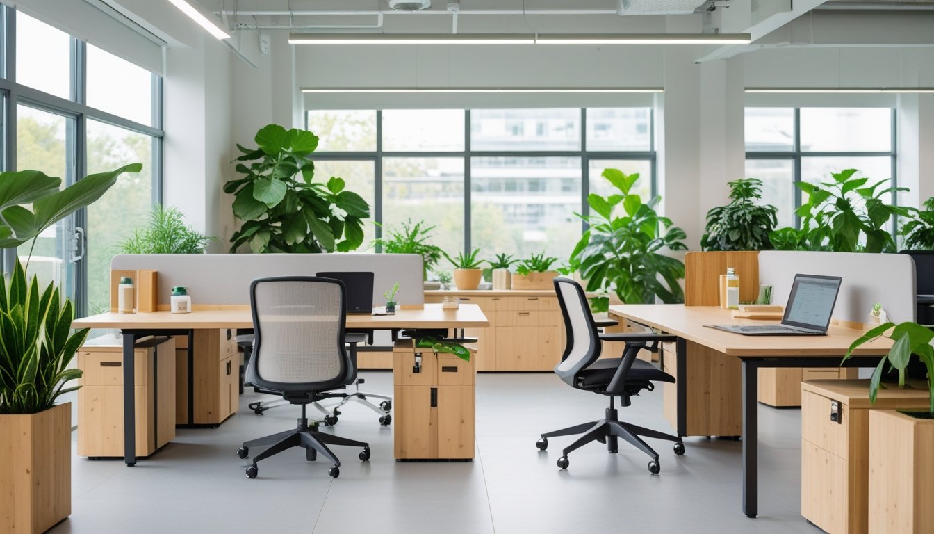 A modern office with natural wood furniture, green plants, and eco-friendly equipment, filled with natural light and people working comfortably.