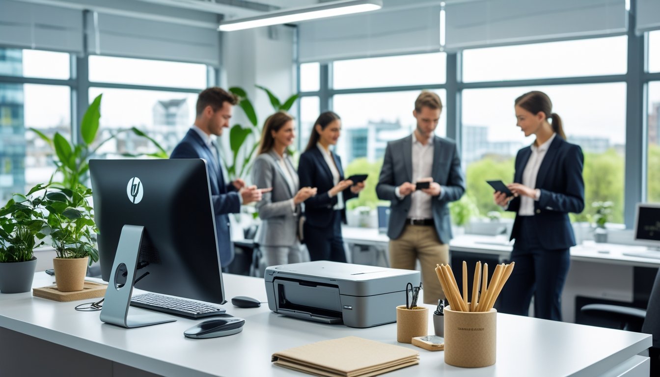 A modern office with eco-friendly equipment, plants, and professionals working together.