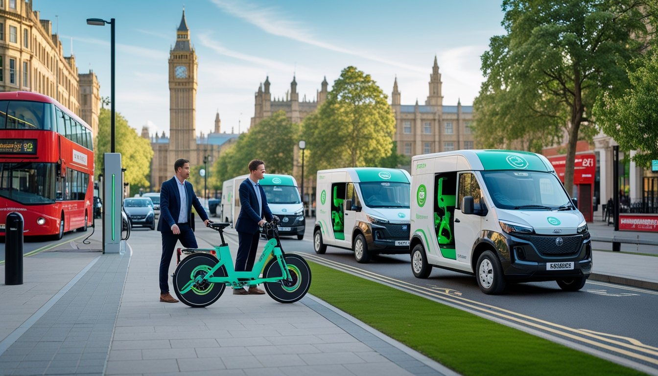 A city street in the UK with electric delivery vans, cargo bikes, and business people near an electric vehicle charging station surrounded by trees and bike lanes.
