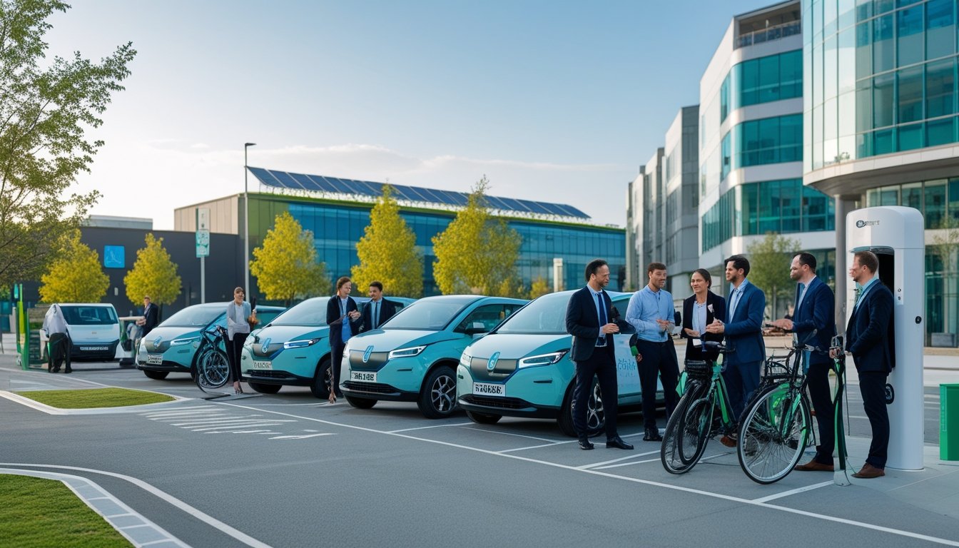 Business professionals discussing near electric vehicles and bicycles by a charging station outside modern office buildings with green roofs in a clean city street.