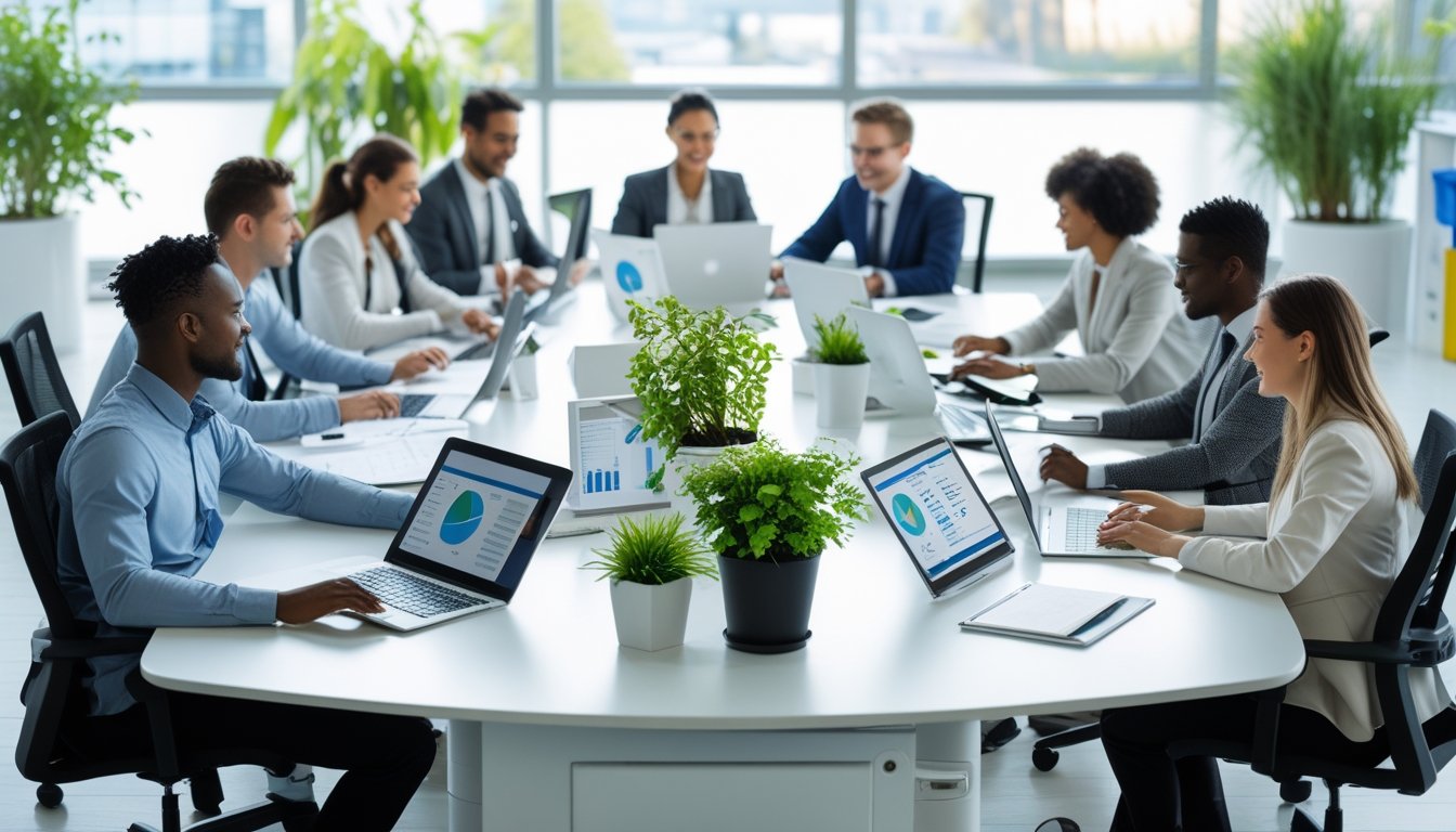 A group of professionals working together in a modern office with digital devices and no paper, surrounded by plants and recycling bins.