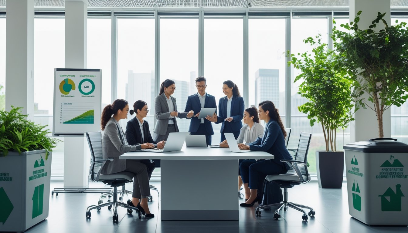 Office workers collaborating around a table with laptops and tablets, recycling bins nearby, and plants in a bright workspace.