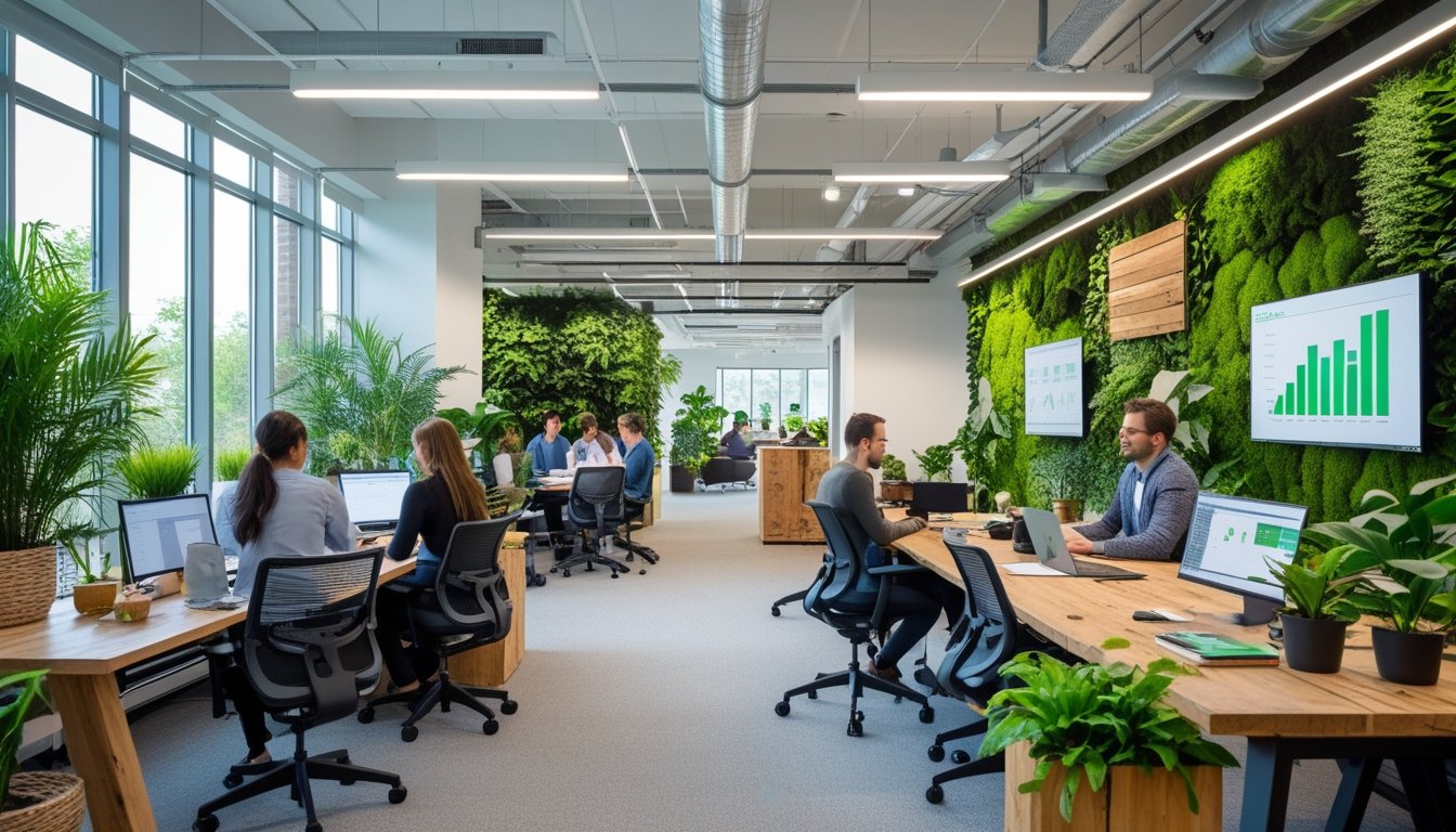 A modern office with natural light, plants, and employees working together at desks.