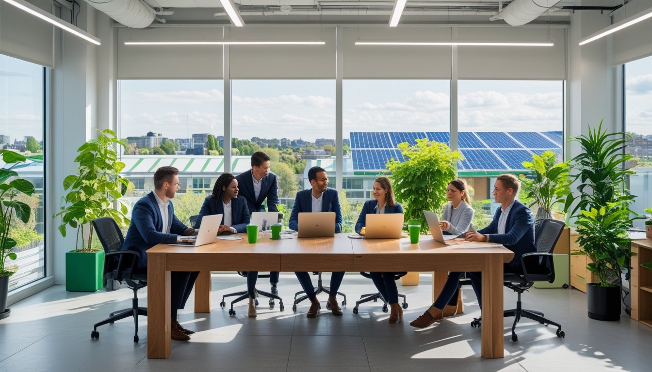 A modern UK office with diverse professionals working together surrounded by plants and eco-friendly features.