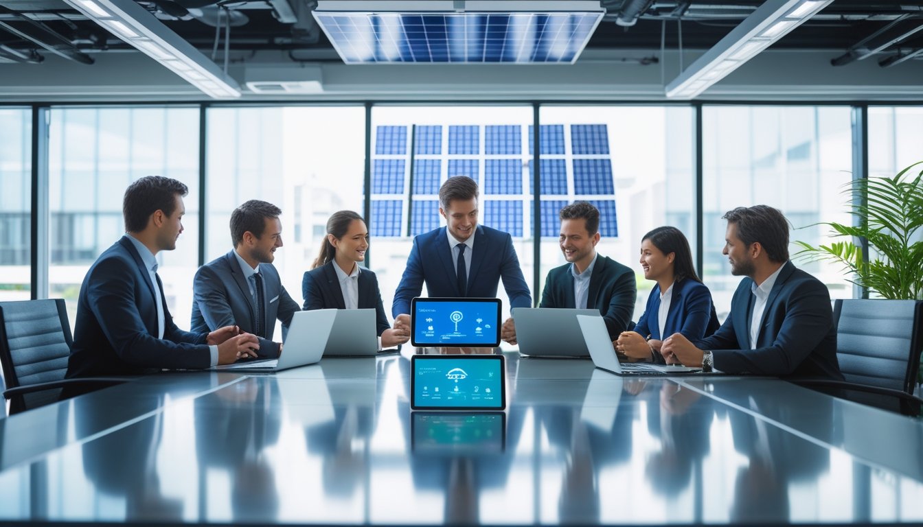 A group of business professionals working together in a bright office with laptops and tablets showing energy management data, with large windows and energy-efficient lighting.