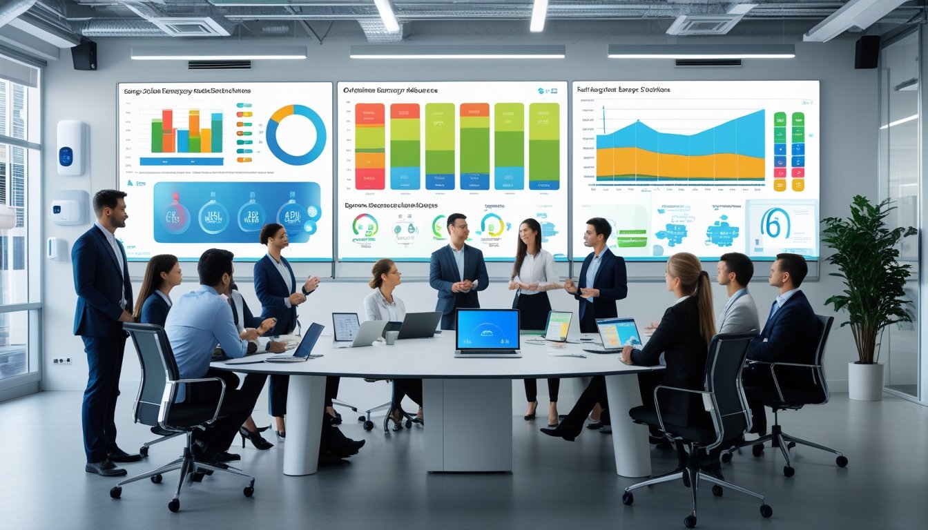 A group of professionals in a modern office collaborating around a table with digital devices and energy data displays, surrounded by energy-efficient lighting and plants.
