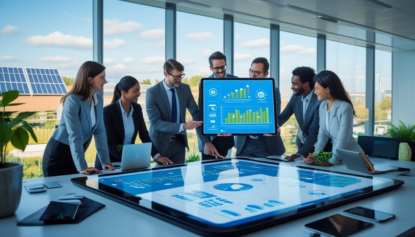 Business professionals collaborating around a digital touchscreen table displaying sustainable data, with a city view featuring green rooftops and solar panels visible through large windows.