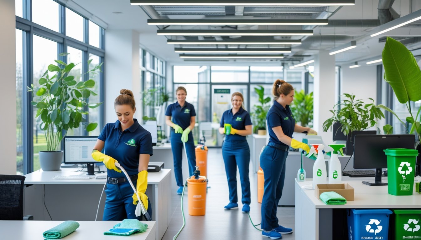 Office cleaning staff using eco-friendly products to clean a bright office with plants and recycling bins.