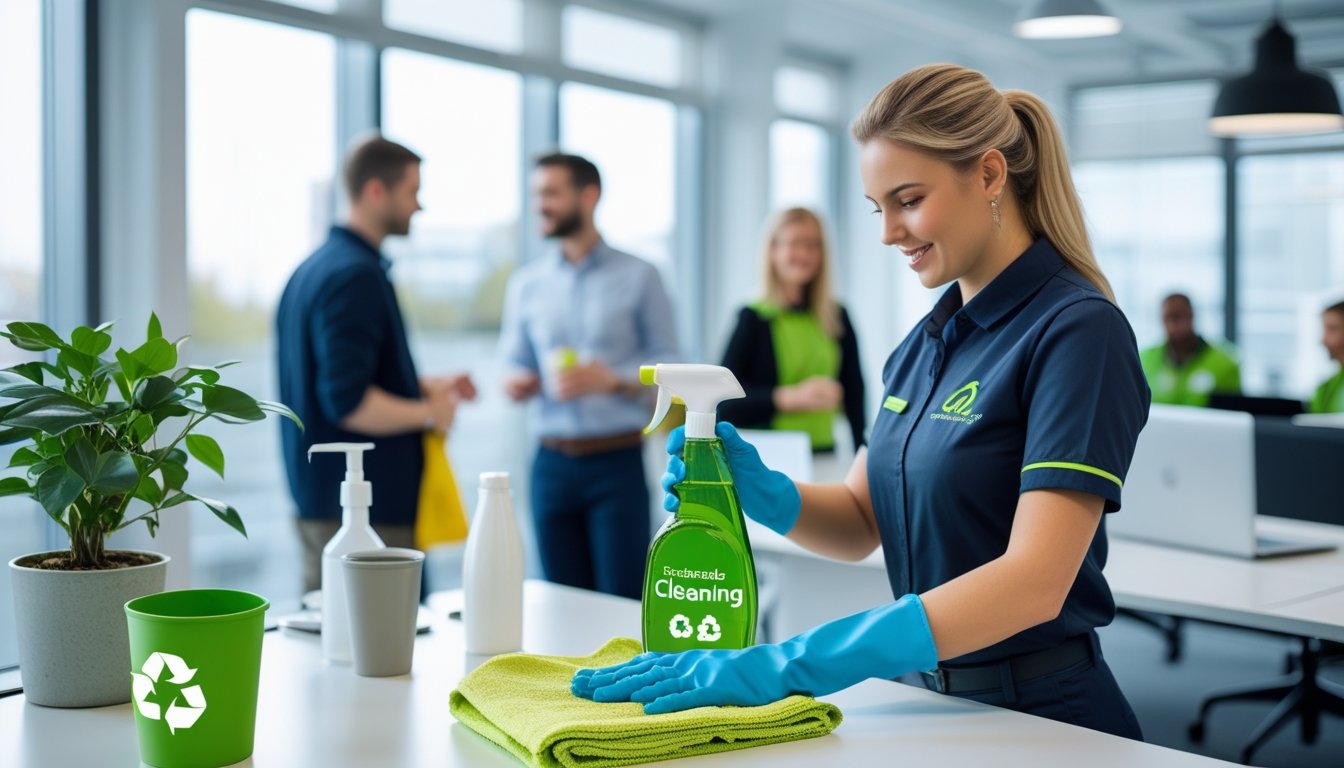 A cleaner using eco-friendly products to clean a bright office with recycling bins and colleagues working with reusable cups nearby.
