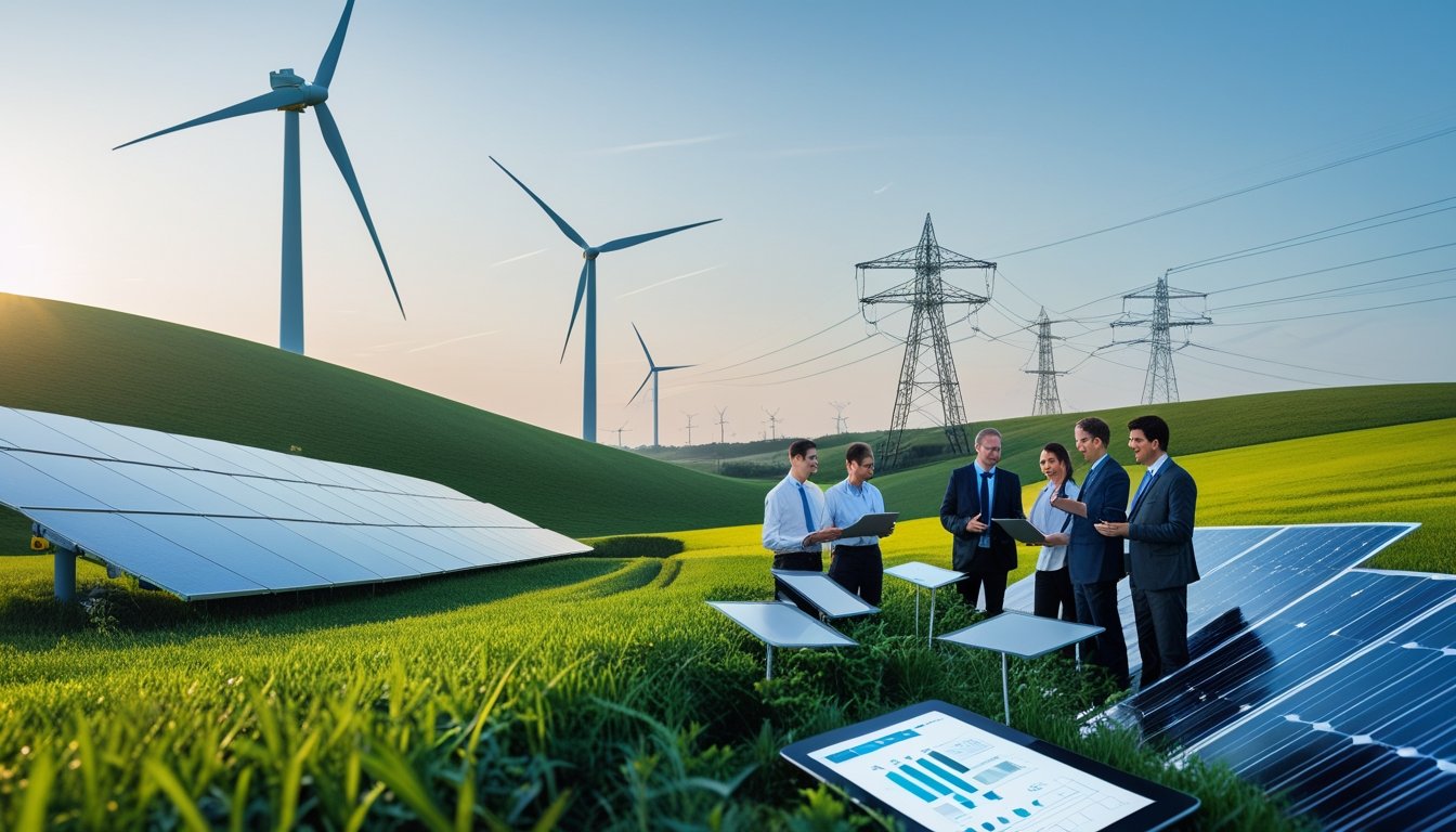 A landscape in the UK with wind turbines, solar panels, and professionals discussing energy plans outdoors.